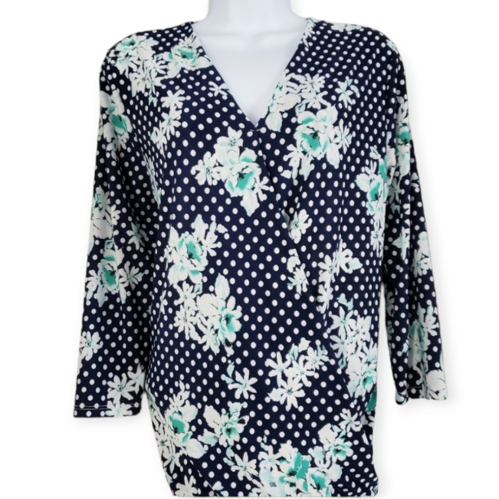 Johnny Was Navy Blue Polka-Dot Floral Faux-Wrap Blouse Top Womens Medium